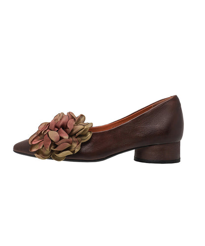 New Brown Flower Cowhide Leather Chunky Heel Shoes