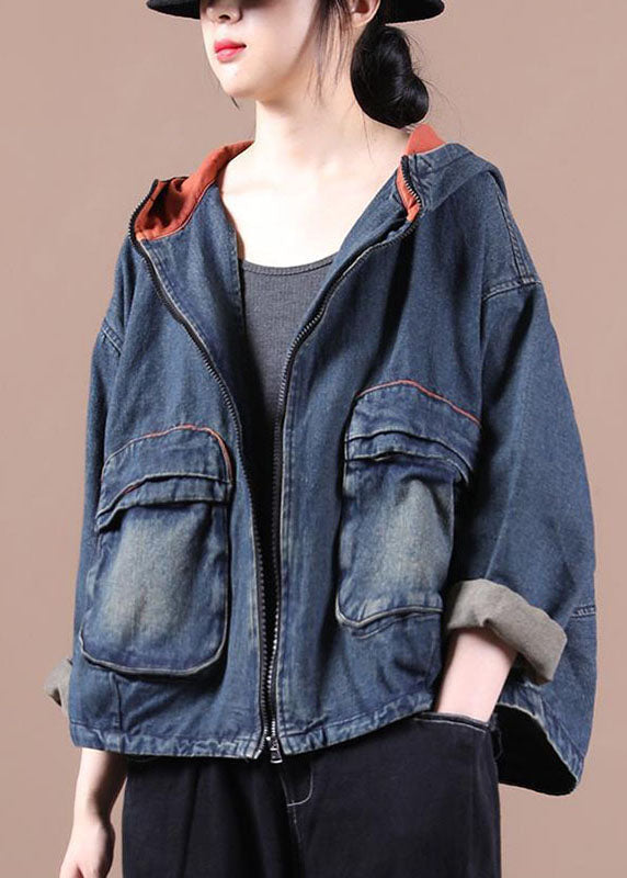 Blue Hooded Pockets Zippered Fall Denim Coat Long Sleeve