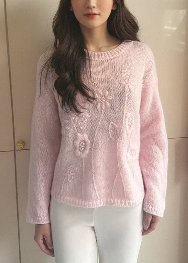 Loose Pink O-neck Cotton Knit Sweater Fall