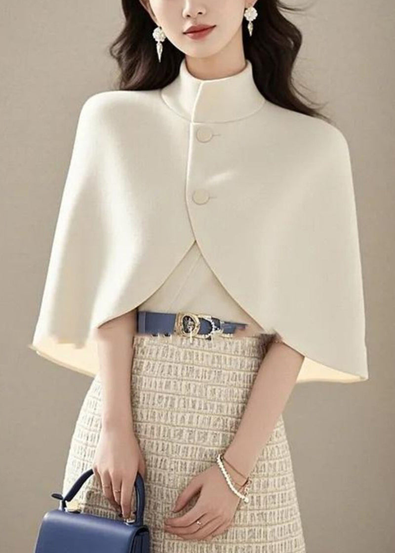 White Stand Collar Woolen Jackets Cloak Sleeves
