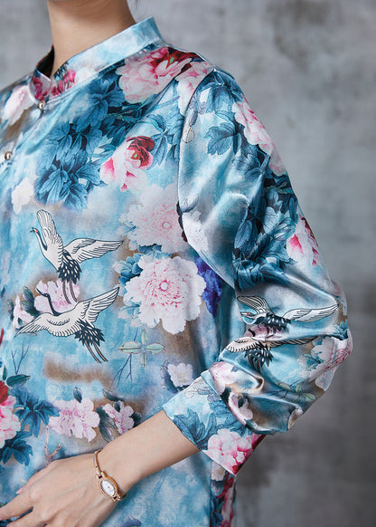 Blue Asymmetrical Print Silk Oriental Shirt Fall