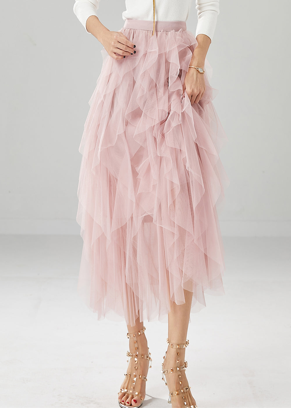 Pink High Waist Ruffles Tulle Skirt Summer