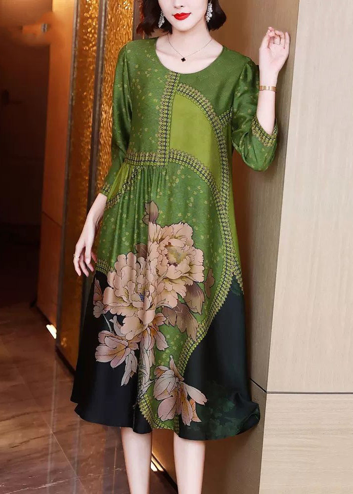 Green O Neck Print Patchwork Silk Long Dresses Spring