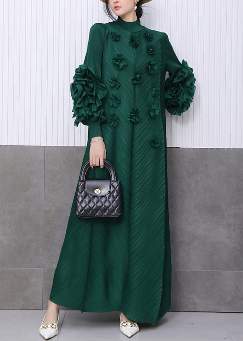 Fine Emerald Decorated Dinner Dress Pleated Texture Scallop Trim