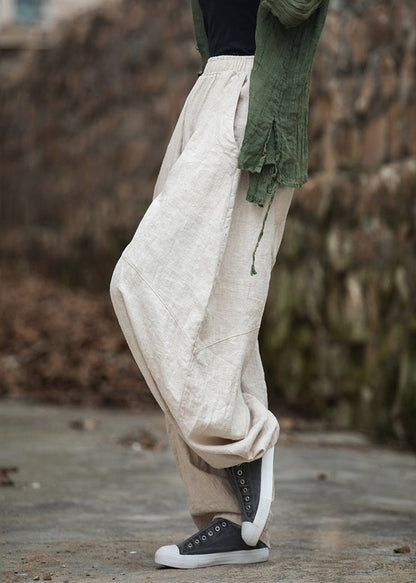 Beige Pockets Patchwork Linen Lantern Pants Elastic Waist Fall