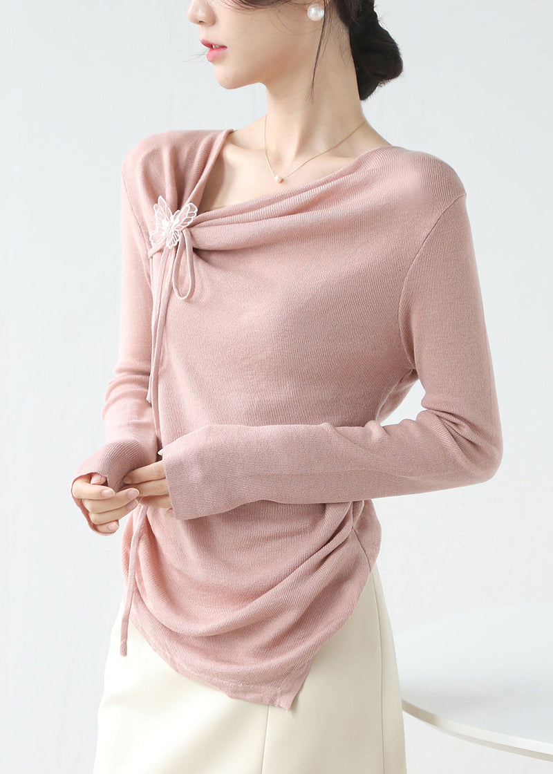French Pink Asymmetrical Wrinkled Knit Top Spring