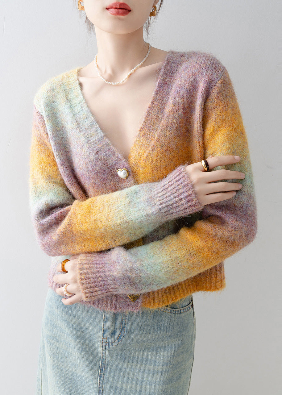 Italian Gradient Color V Neck Warm Knit Cardigan Winter