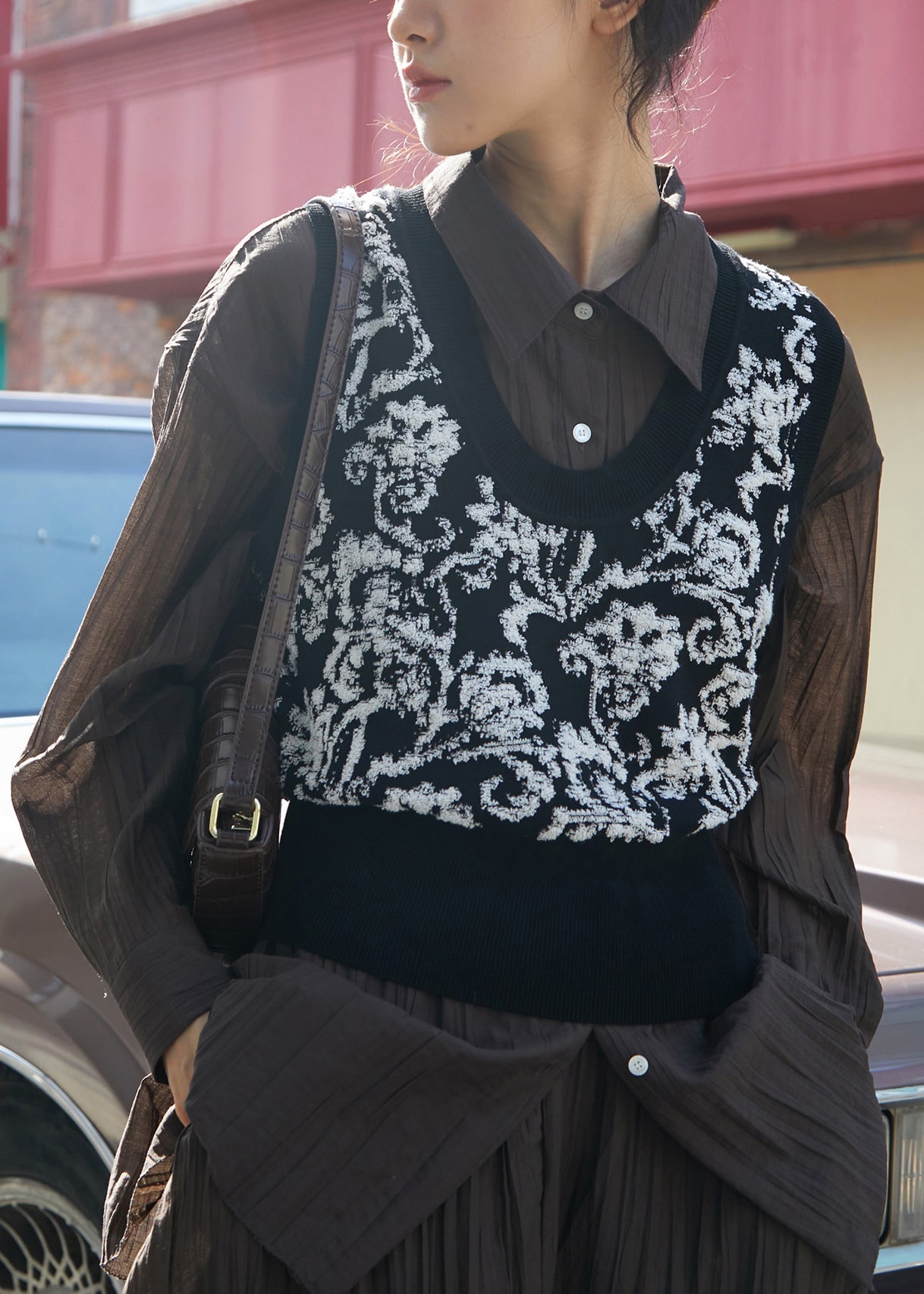 Black White Print U Neck Knitted Cotton Sweaters Waistcoat Sleeveless
