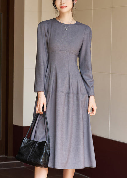 Grey O Neck High Waist Woolen Long Dress Fall
