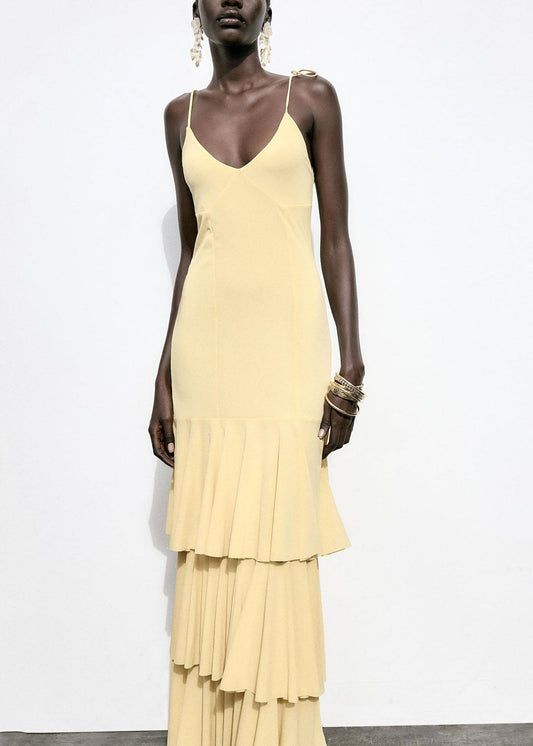 Yellow Ruffled Patchwork Chiffon Spaghetti Strap Dress Summer