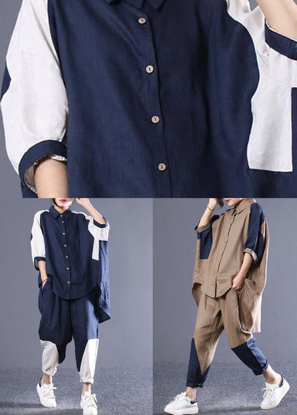 Navy Oversized Patchwork Cotton Two Pieces Set Batwing Sleeve