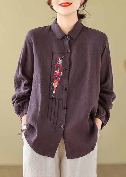 New Purple Embroideried Cotton Blouses Long Sleeve
