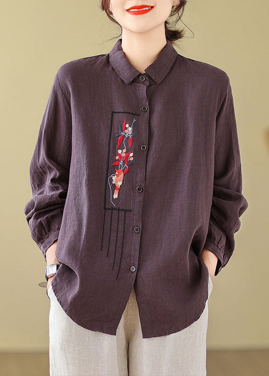 New Purple Embroideried Cotton Blouses Long Sleeve