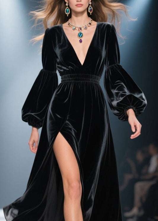 Black V Neck Side Open Velvet Long Dress Fall