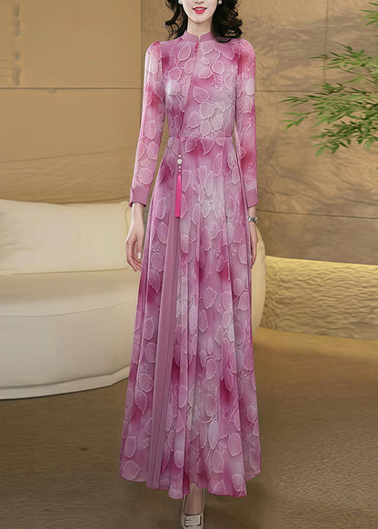 New Chinese Style Pink Stand Collar Print Chiffon Dress Fall