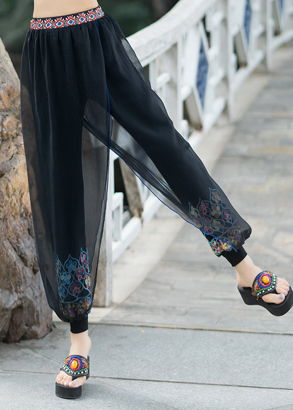 Black Embroideried Tulle Patchwork Lantern Pants Summer