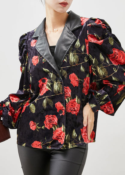 French Black Double Breast Velour Coats Puff Sleeve