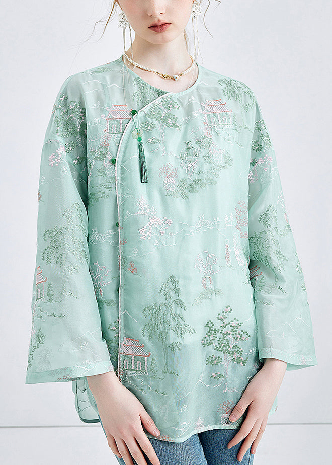 Green Embroidered Button Chiffon 2 Piece Outfit Spring