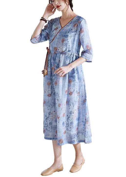 Modern Blue Tie Waist Patchwork Print Summer Ramie Dress Half Sleeve