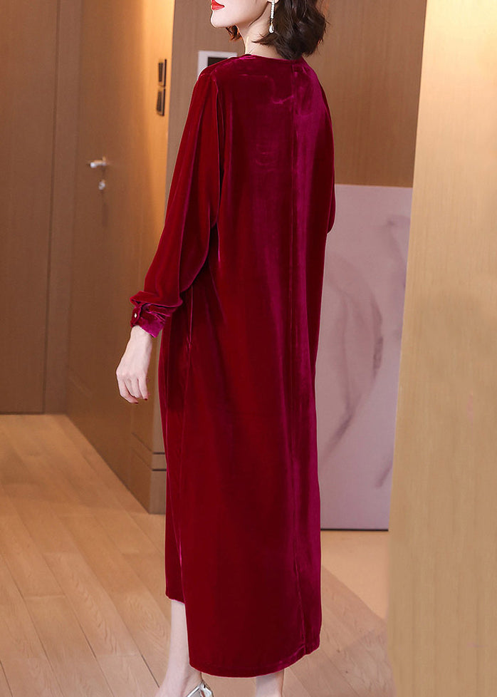 New Wine Red Pockets Silk Velour Dress Long Sleeve