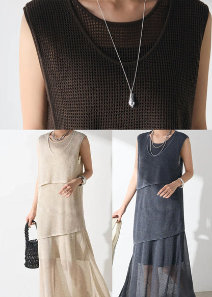 Beige Asymmetrical Hollow Out Tulle Two Piece Set Outfits Sleeveless