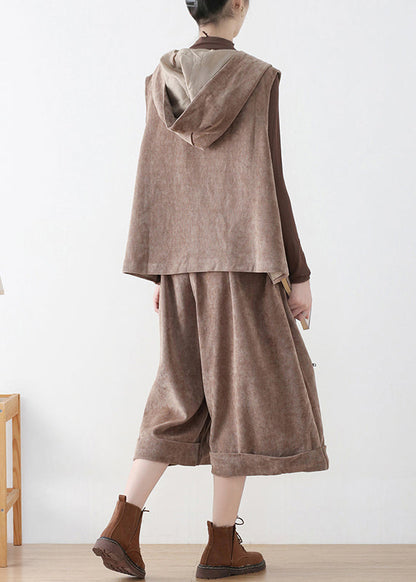 Khaki Velour Hooded Waistcoat and Crop Pants Two Pieces Set Fall