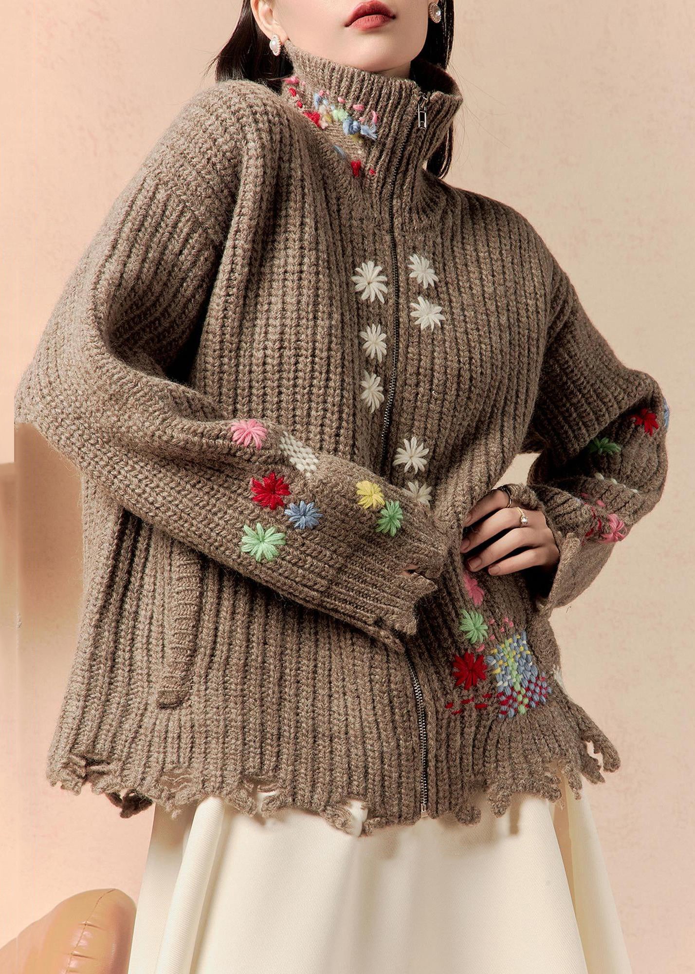Coffee Zip Up Hole Pockets Cotton Knit Coats Winter