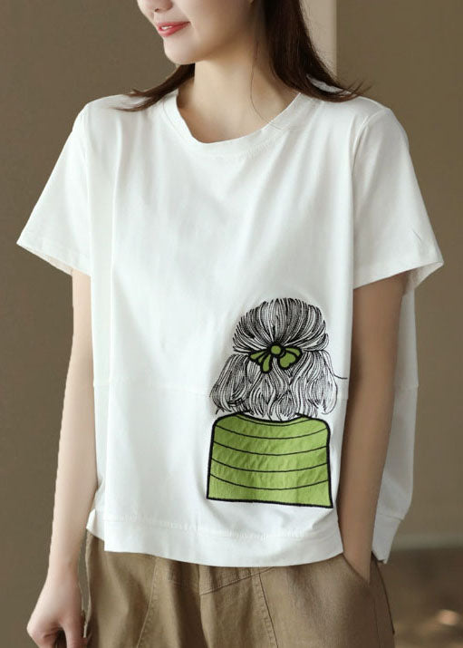 White O-neck Embroideried Patchwork Cotton Top Summer