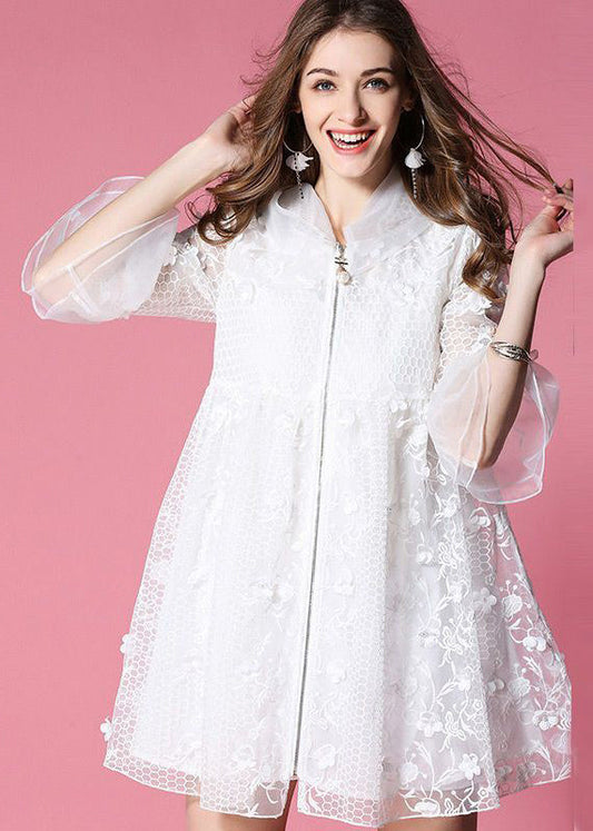 White Hooded Embroidered Tulle Mini Dresses Flare Sleeve