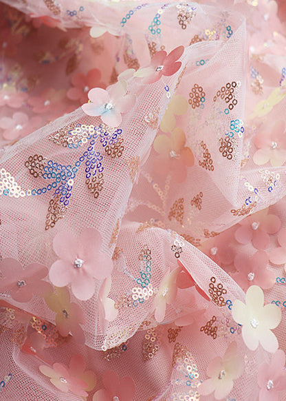 Modern Pink Embroideried High Waist Sequins Tulle Maxi Skirt Spring