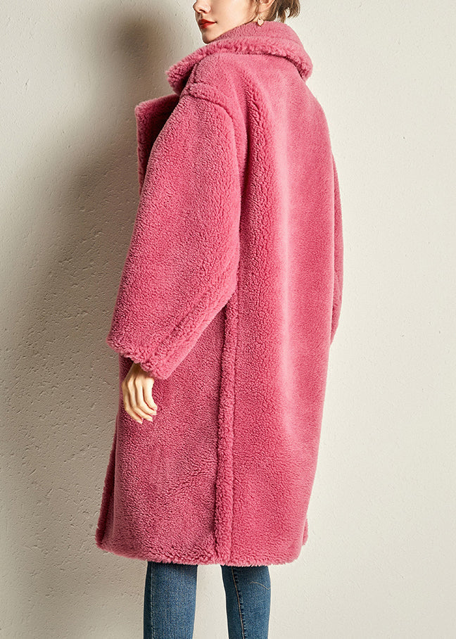 Rose Notched Pockets Cozy Loose Faux Fur Coat Long Sleeve