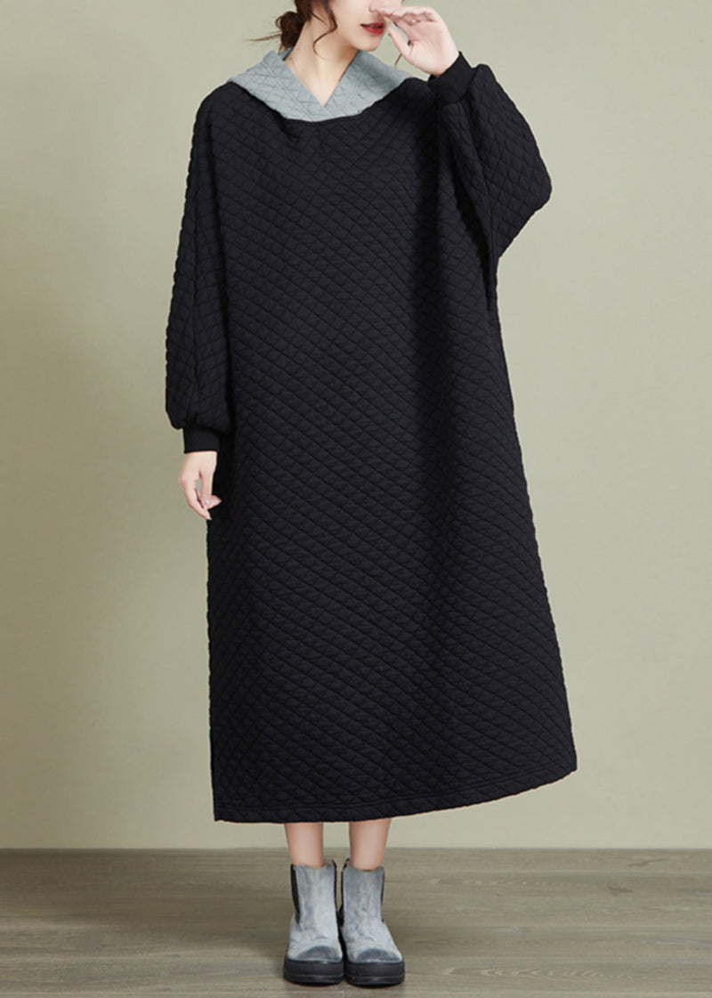 Black Hooded Patchwork Thick Long Dresses Long Sleeve