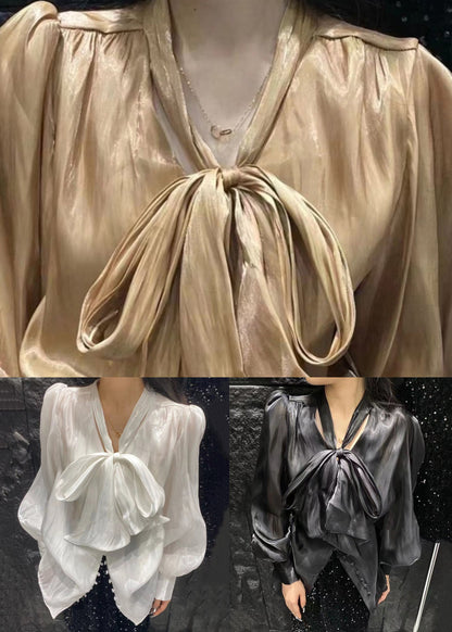Black Button Silk Shirt Bow Long Sleeve