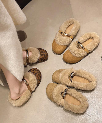 Leopard Slippers Shoes Splicing Fuzzy Wool Lined