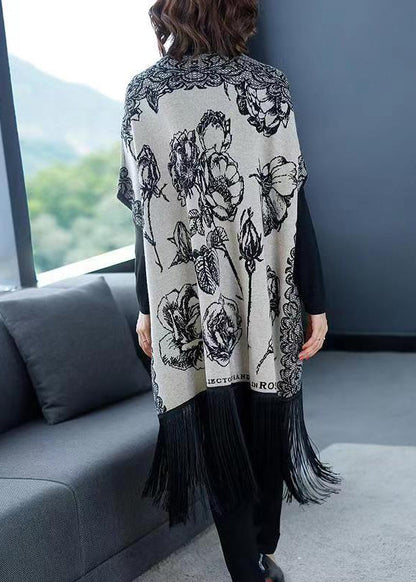 Grey V Neck Tasseled Print Patchwork Knit Coats Fall