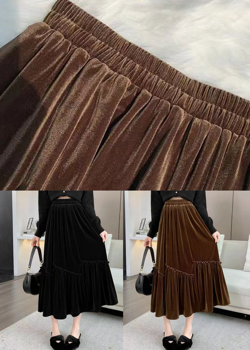 Coffee Ruffled Patchwork Elastic Waist Velour Skirt Spring