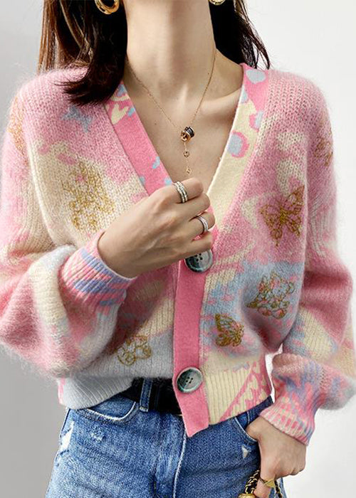 Pink V Neck Button Patchwork Cotton Knit Coats Long Sleeve