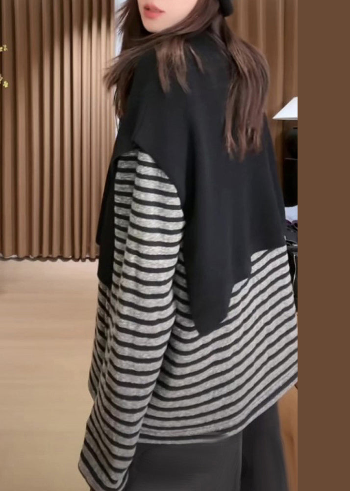 Black O Neck Knit Cape and Striped T Hirt Cotton Two Pieces Set Fall