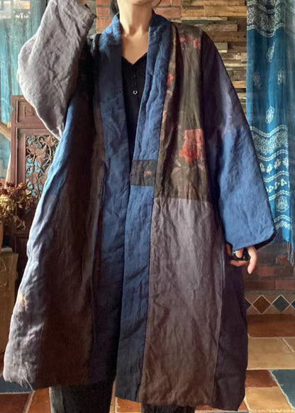 Blue V Neck Patchwork Fine Cotton Filled Coat Winter