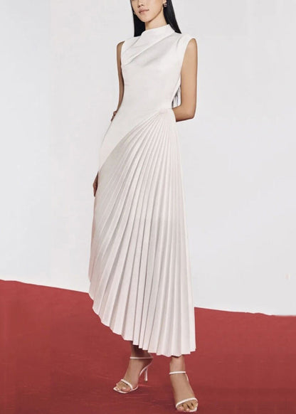 White Wrinkled Silk Long Dresses Asymmetrical Summer