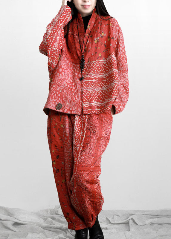Diy Red Print Patchwork Asymmetrical Design Fall Two Pieces Set