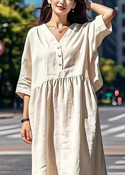 Beige V Neck Wrinkled Patchwork Linen Dresses Summer
