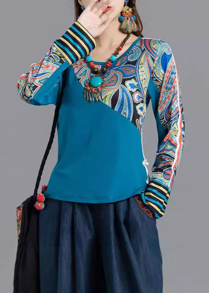Blue O Neck Print Patchwork Cotton Tops Spring