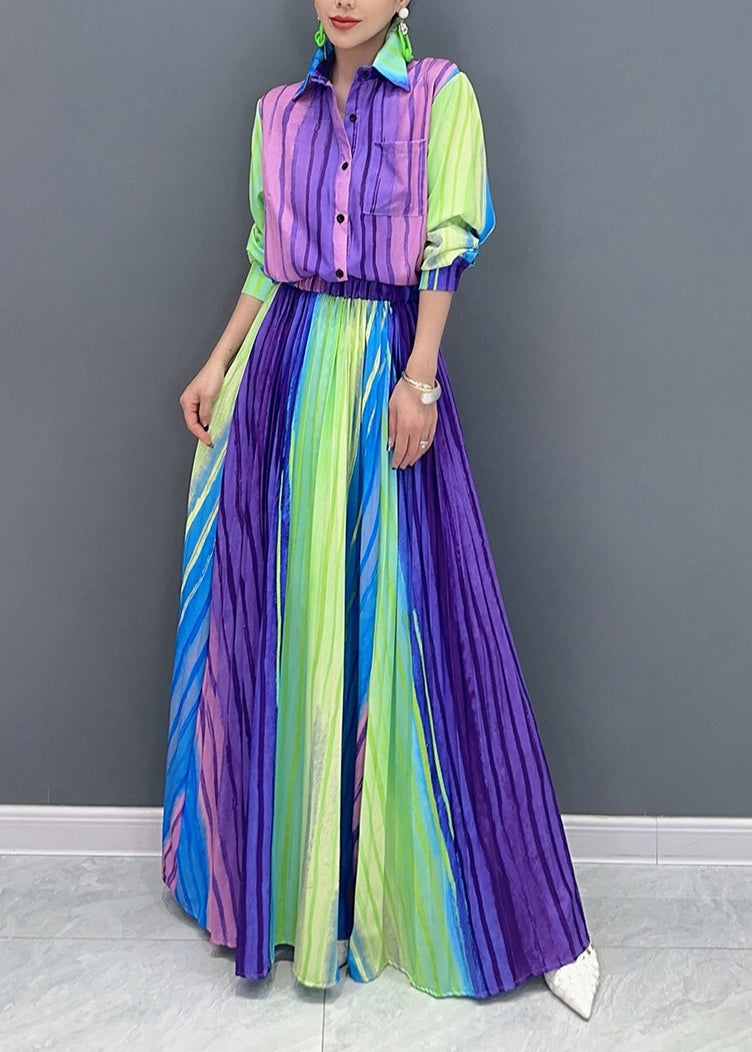 Gradient Color Striped Cotton Pleated Sets 2 Pieces Fall