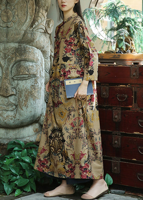 Khaki Button Print Patchwork Cotton Long Dresses Fall