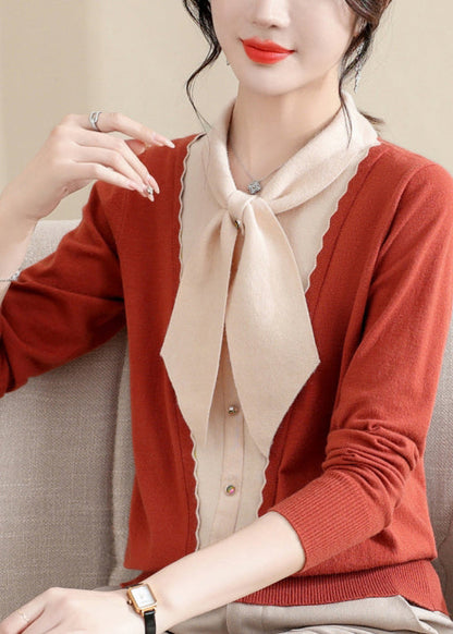 Orange Bow Patchwork Knit Sweaters Spring