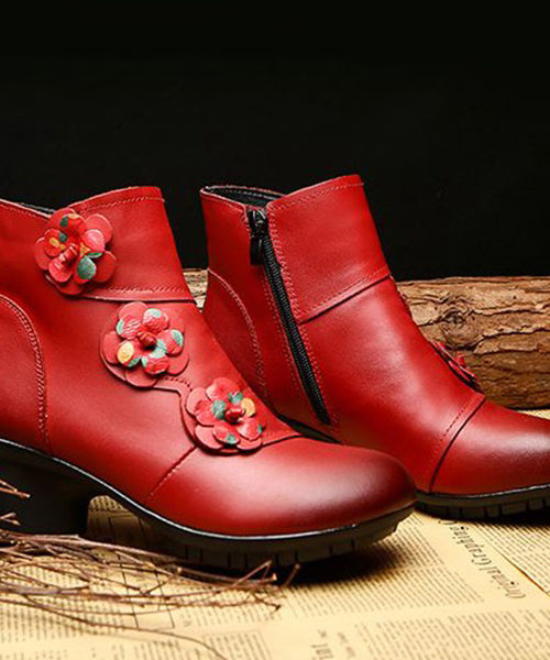 Red Boots Chunky Cowhide Leather Splicing