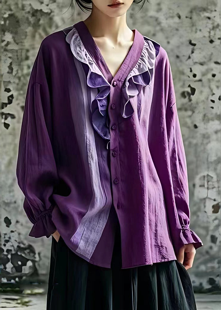 Purple V Neck Ruffled Patchwork Shirt Fall