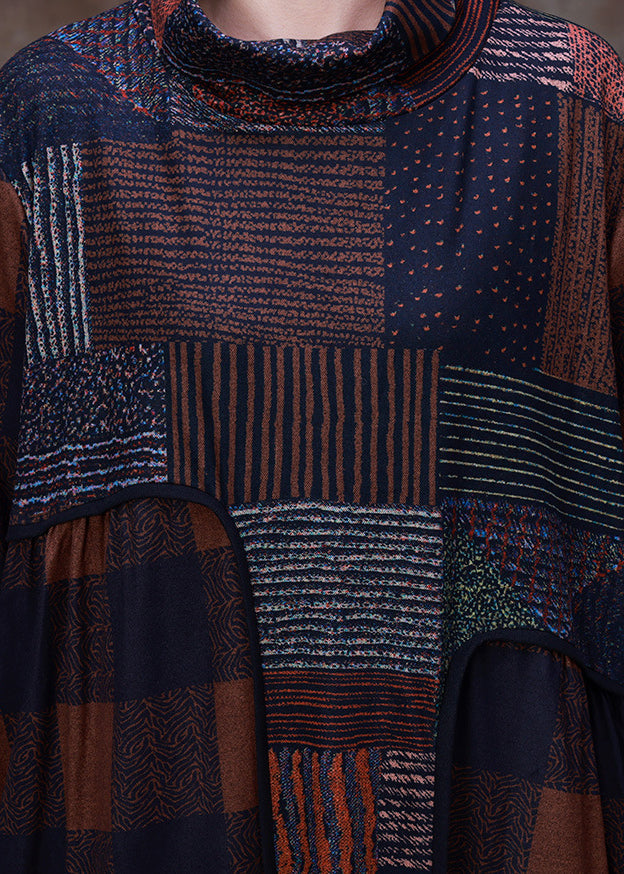 Chocolate Turtleneck Plaid Patchwork Velour Maxi Dress Long Sleeve