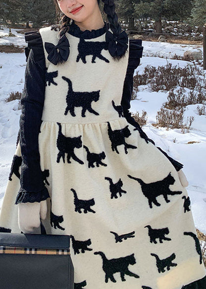 Classy Beige O-neck Bow Cats Print Wrinkled Ruffled Patchwork Woolen Long Dress Fall